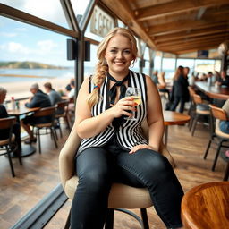 A curvy blonde woman with a sexy plait hairstyle is sitting comfortably in a cafe with a breathtaking view of Lyme Regis beach