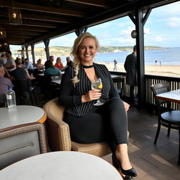 A curvy blonde woman with a sexy plait hairstyle is sitting comfortably in a cafe with a breathtaking view of Lyme Regis beach