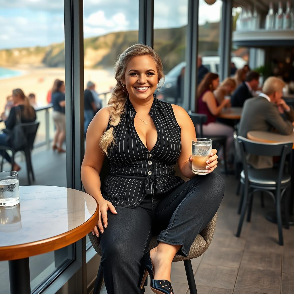 A curvy blonde woman with a sexy plait hairstyle is sitting comfortably in a cafe with a breathtaking view of Lyme Regis beach