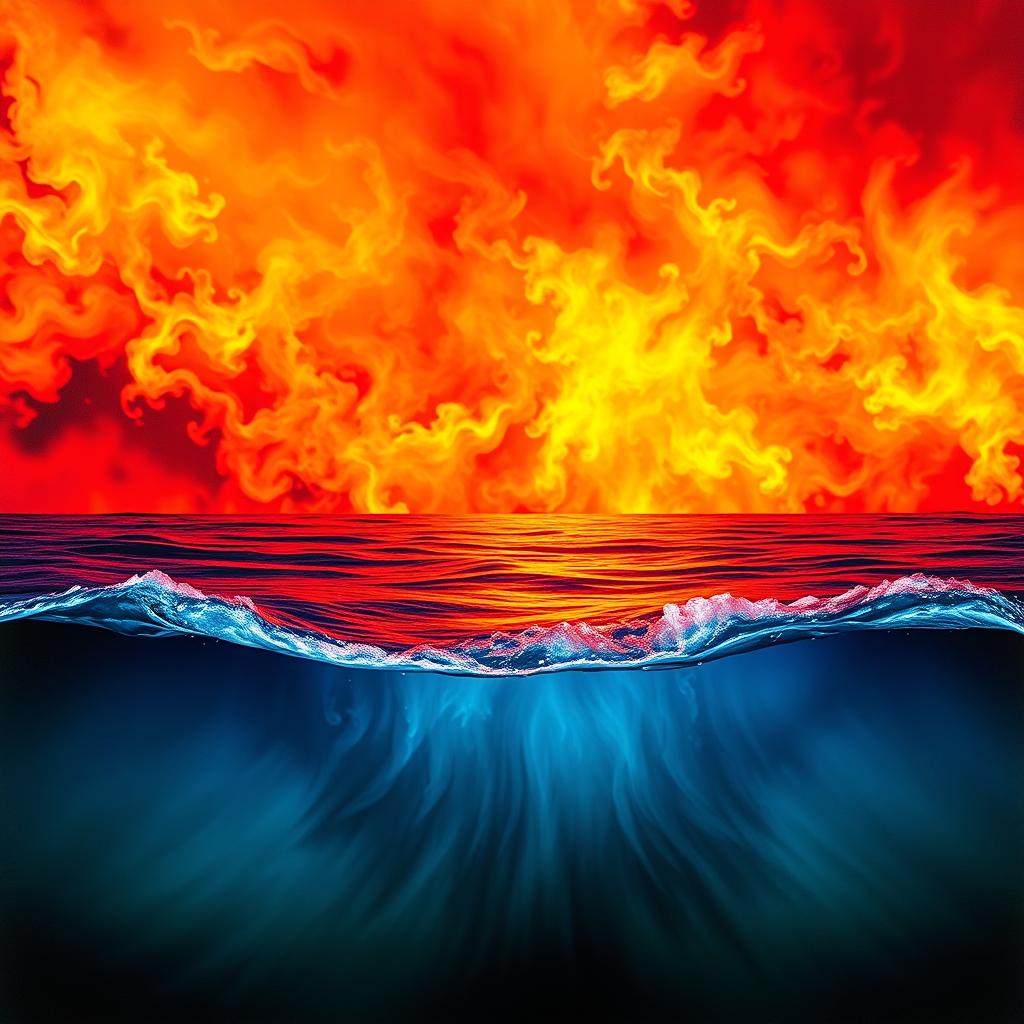 Create a vivid background where intense blazing reds, oranges, and yellows of fire seamlessly merge with the deep blues and greens of the ocean