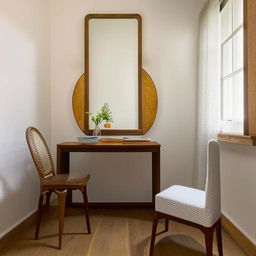 A compact yet beautiful room furnished with a single bed, a chair-table set, and a tall aesthetic mirror, all tastefully arranged to maximize style and utility.