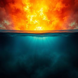 Create a vivid background where intense blazing reds, oranges, and yellows of fire seamlessly merge with the deep blues and greens of the ocean