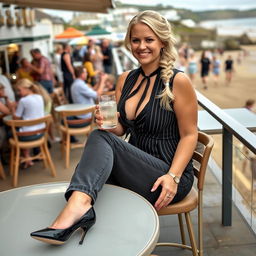 A curvy blonde woman with a sexy plait sits at a cafe overlooking the scenic beach at Lyme Regis