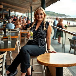 A curvy blonde woman with a sexy plait sits at a cafe overlooking the scenic beach at Lyme Regis