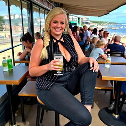 A curvy blonde woman with a sexy plait sits at a cafe overlooking the scenic beach at Lyme Regis