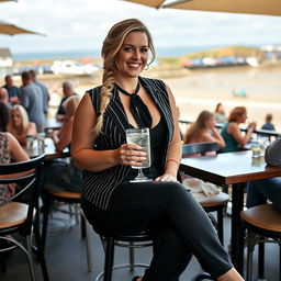 A curvy blonde woman with a sexy plait sits at a cafe overlooking the scenic beach at Lyme Regis