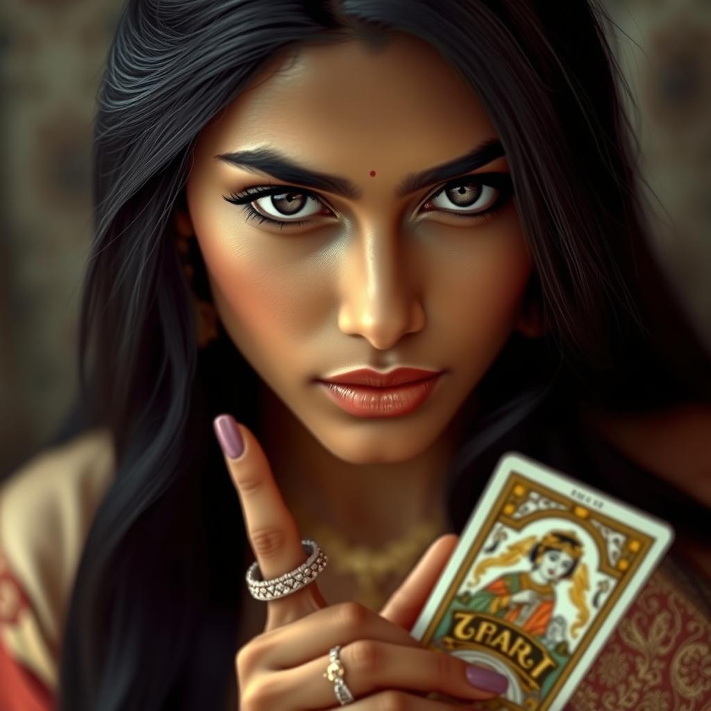 A beautiful Indian girl with long black hair, wearing traditional Indian attire, elegantly holding a tarot card in her hand