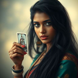 A beautiful Indian girl with long black hair, wearing traditional Indian attire, elegantly holding a tarot card in her hand