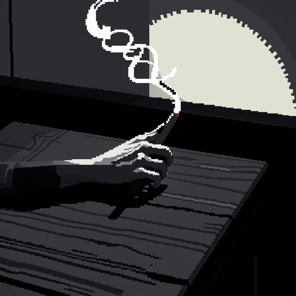 A pixel art scene capturing a noir atmosphere, featuring a wooden table with a dark, shadowy finish