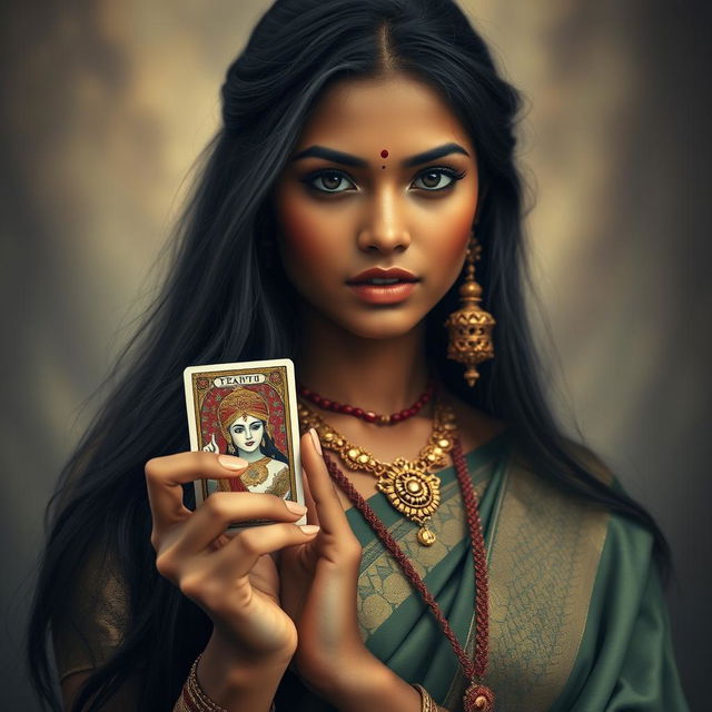 A beautiful Indian girl with long black hair, wearing traditional Indian attire, elegantly holding a tarot card in her hand