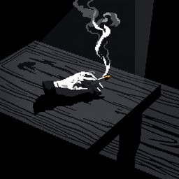 A pixel art scene capturing a noir atmosphere, featuring a wooden table with a dark, shadowy finish