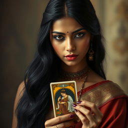 A beautiful Indian girl with long black hair, wearing traditional Indian attire, elegantly holding a tarot card in her hand