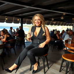 A curvy blonde woman with a sexy plait hairstyle sits leisurely in a cafe overlooking the picturesque beach at Lyme Regis