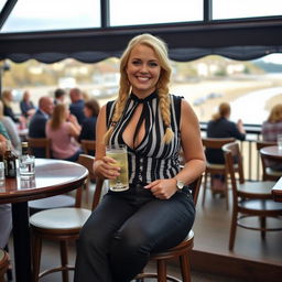 A curvy blonde woman with a sexy plait hairstyle sits leisurely in a cafe overlooking the picturesque beach at Lyme Regis