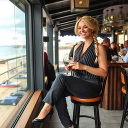 A curvy blonde woman with a sexy plait hairstyle sits leisurely in a cafe overlooking the picturesque beach at Lyme Regis