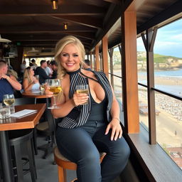 A curvy blonde woman with a sexy plait hairstyle sits leisurely in a cafe overlooking the picturesque beach at Lyme Regis