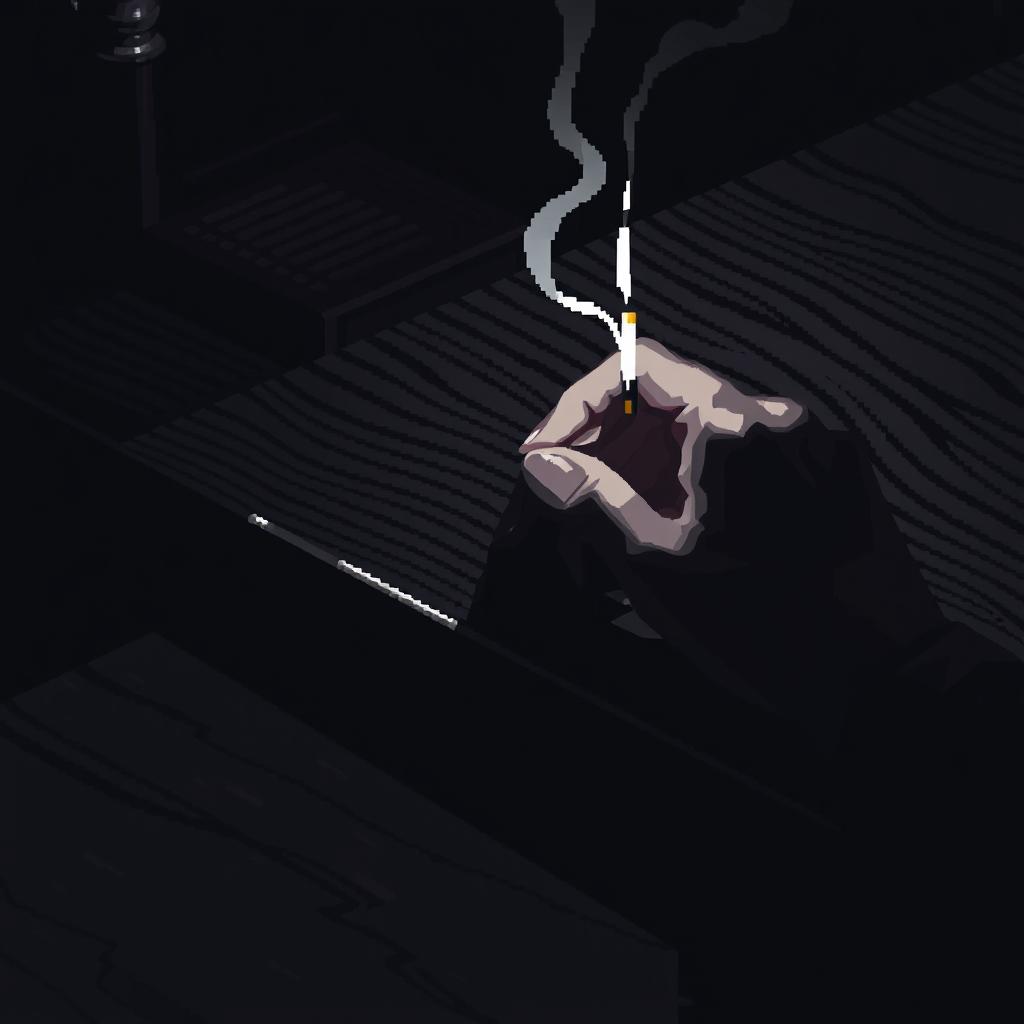 A pixel art scene capturing a noir atmosphere, featuring a section of a wooden table with a dark, shadowy finish