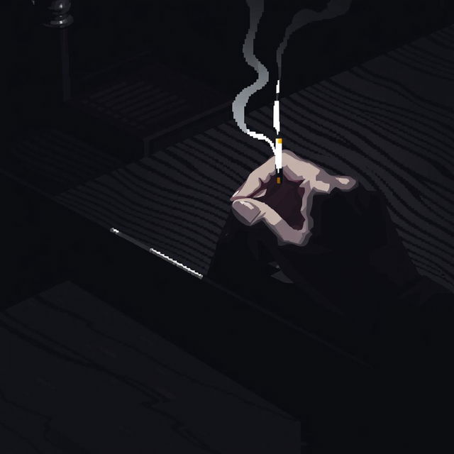 A pixel art scene capturing a noir atmosphere, featuring a section of a wooden table with a dark, shadowy finish