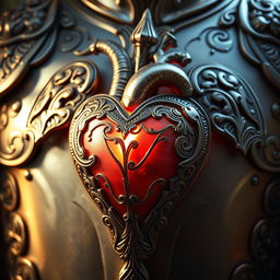 A heart encased in intricate and ornate armor, with beautifully detailed engravings and a polished metallic sheen