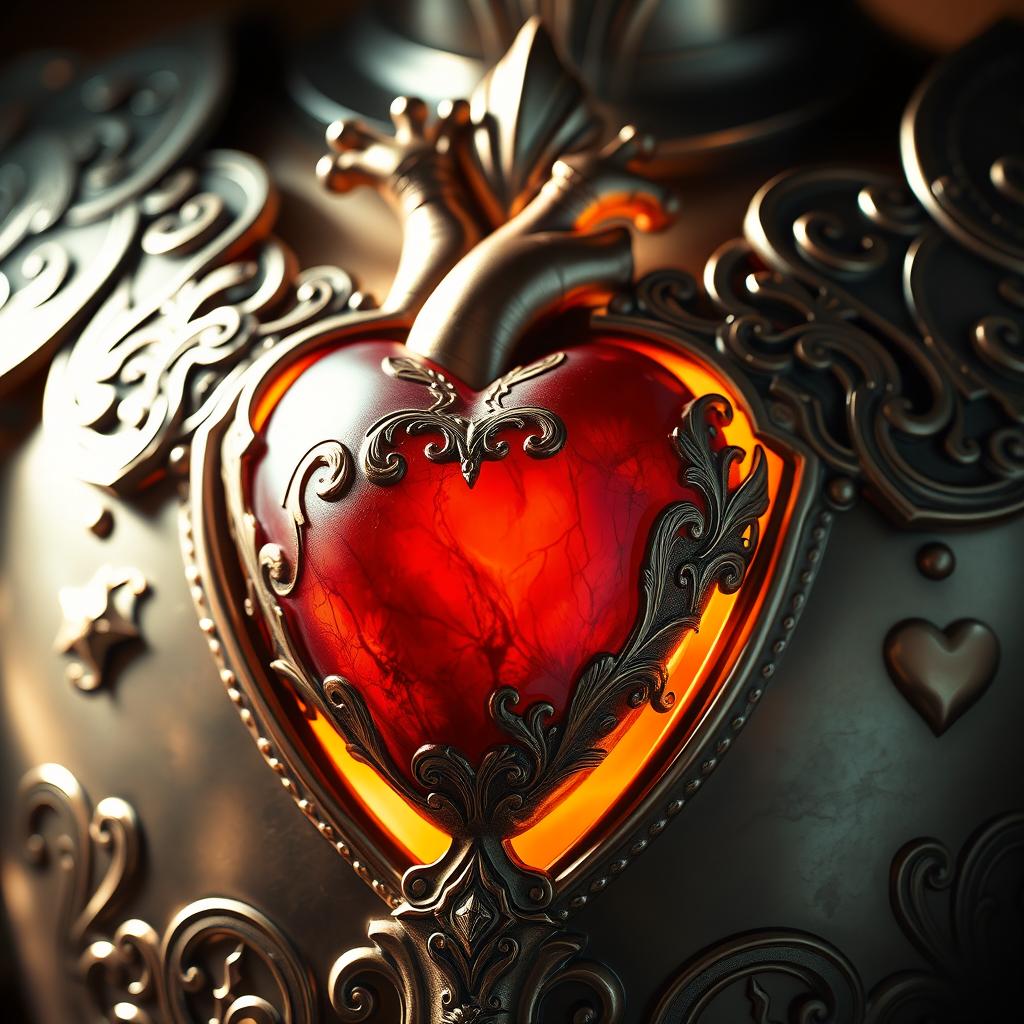 A heart encased in intricate and ornate armor, with beautifully detailed engravings and a polished metallic sheen