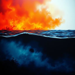 Craft an image where a fiery blend of vivid reds and oranges at the top seamlessly fades into shadowy ocean blues and greens towards the bottom