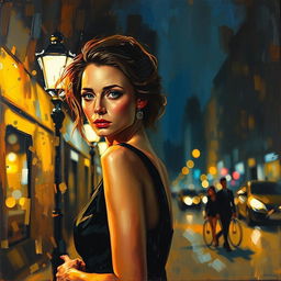 Impressionism oil painting using palette knife on canvas, depicting a portrait of a woman in an evening street