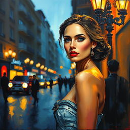 Impressionism oil painting using palette knife on canvas, depicting a portrait of a woman in an evening street