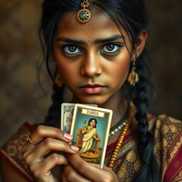 An Indian girl, with distinctive facial features, wearing traditional Indian attire, holding a tarot card in her hand with a focused and serene expression