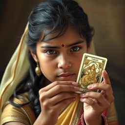 An Indian girl, with distinctive facial features, wearing traditional Indian attire, holding a tarot card in her hand with a focused and serene expression