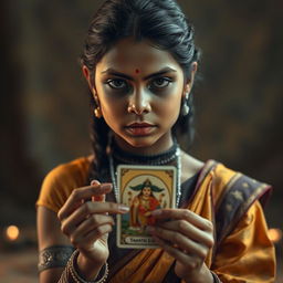 An Indian girl, with distinctive facial features, wearing traditional Indian attire, holding a tarot card in her hand with a focused and serene expression