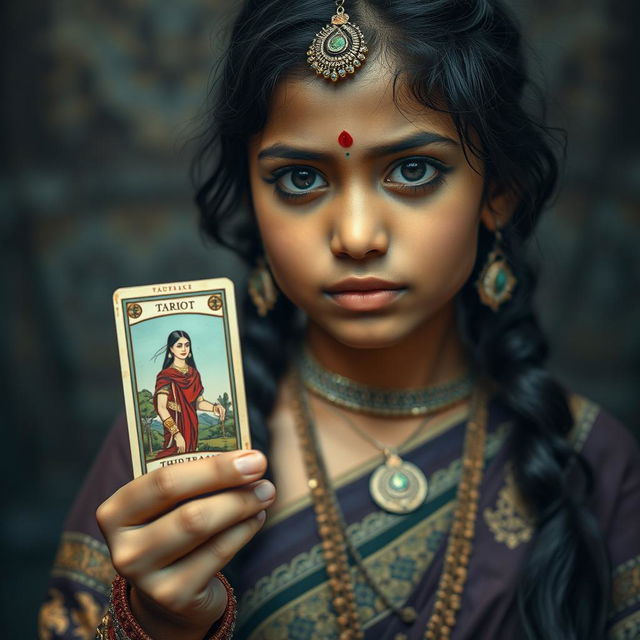 An Indian girl, with distinctive facial features, wearing traditional Indian attire, holding a tarot card in her hand with a focused and serene expression