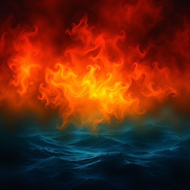 Craft a background where the colors of fire are blended with shadowy sea colors