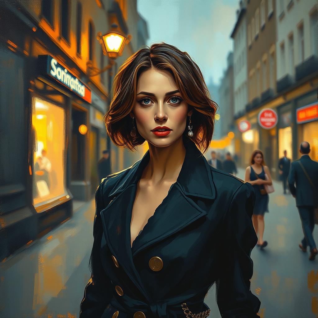 Impressionism oil painting using wide brush strokes and palette knife on canvas, depicting a portrait of a woman in an evening street