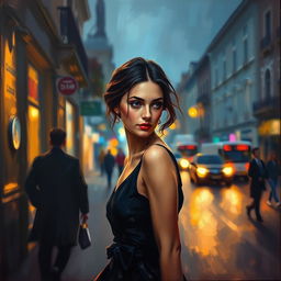 Impressionism oil painting using wide brush strokes and palette knife on canvas, depicting a portrait of a woman in an evening street