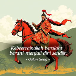 Guan Gong, the legendary Chinese general, is depicted riding his famous red horse