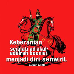 Guan Gong, the legendary Chinese general, elegantly riding his iconic red horse