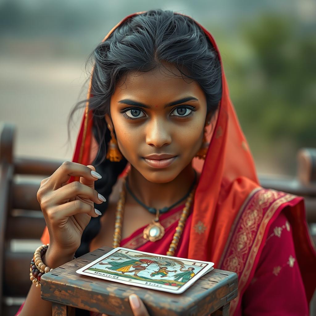 A 25-year-old Indian girl, with unique and realistic facial features, dressed in traditional Indian clothing, holding a tarot card on a wooden cart