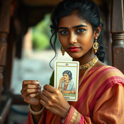 A 25-year-old Indian girl, with unique and realistic facial features, dressed in traditional Indian clothing, holding a tarot card on a wooden cart