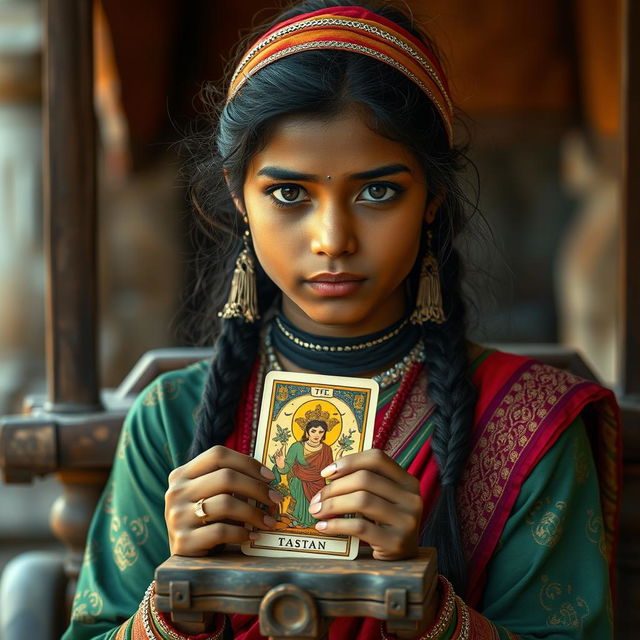 A 25-year-old Indian girl, with unique and realistic facial features, dressed in traditional Indian clothing, holding a tarot card on a wooden cart