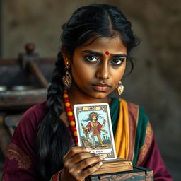 A 25-year-old Indian girl, with unique and realistic facial features, dressed in traditional Indian clothing, holding a tarot card on a wooden cart