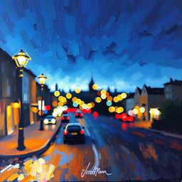 Wide brush Impressionism painting on rough plaster canvas, depicting a landscape in an evening street