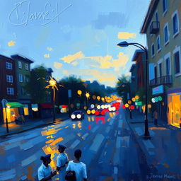 Wide brush Impressionism painting on rough plaster canvas, depicting a landscape in an evening street