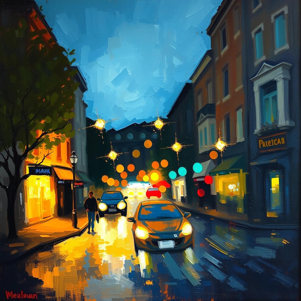 Wide brush Impressionism painting on rough plaster canvas, depicting a landscape in an evening street