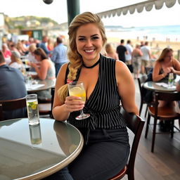 A curvy blonde woman with hair styled in a sexy plait, sitting in a cafe overlooking the beach at Lyme Regis