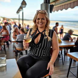 A curvy blonde woman with hair styled in a sexy plait, sitting in a cafe overlooking the beach at Lyme Regis