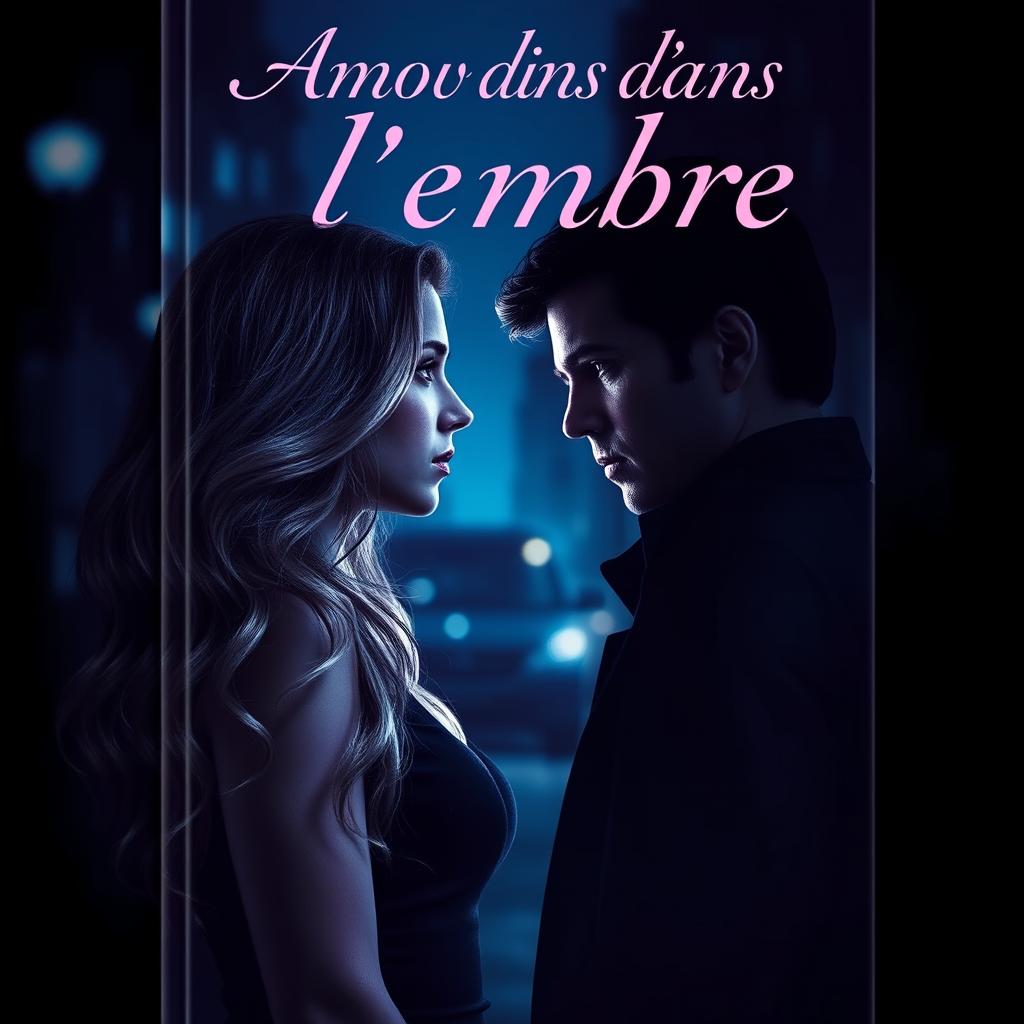 Create a romantic and mysterious book cover with a young woman in the foreground, her long wavy hair catching the light as she gazes intensely at a mysterious man with defined features and a deep gaze