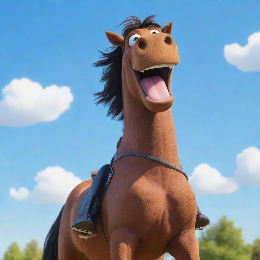 A cartoon character named 'Big Lez' confidently riding on a horse in a daytime setting, with a bright blue sky background