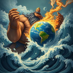 Illustrate an epic scene from ancient mythology featuring the powerful giant Hiranyaksha