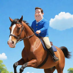 A cartoon character named 'Big Lez' confidently riding on a horse in a daytime setting, with a bright blue sky background