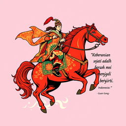 A vibrant t-shirt design featuring Guan Gong, the revered Chinese figure, depicted in a heroic pose as he rides his majestic red horse